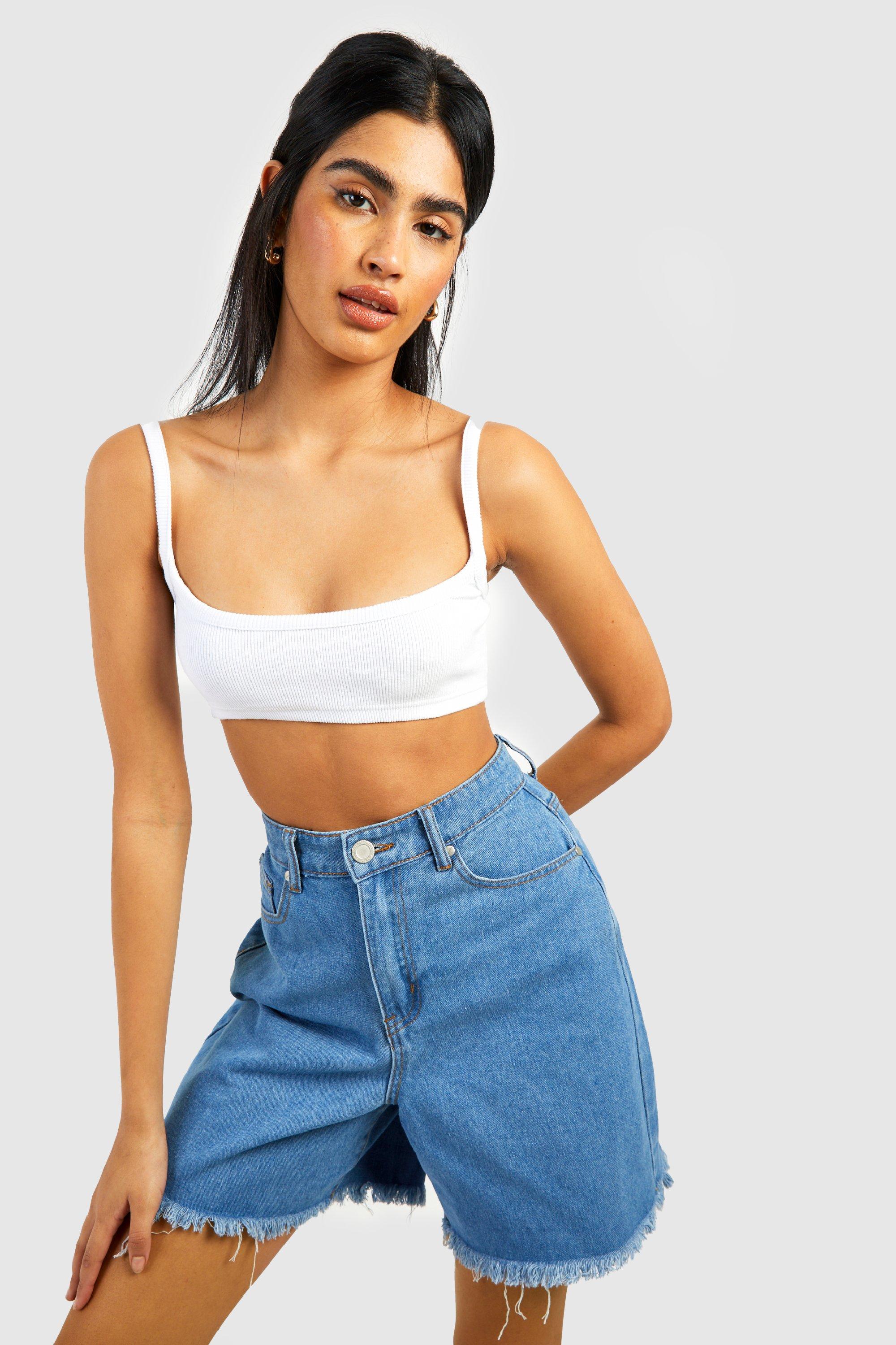 Boohoo Women s Tall High Waisted Frayed Hem Longer Length Denim Shorts